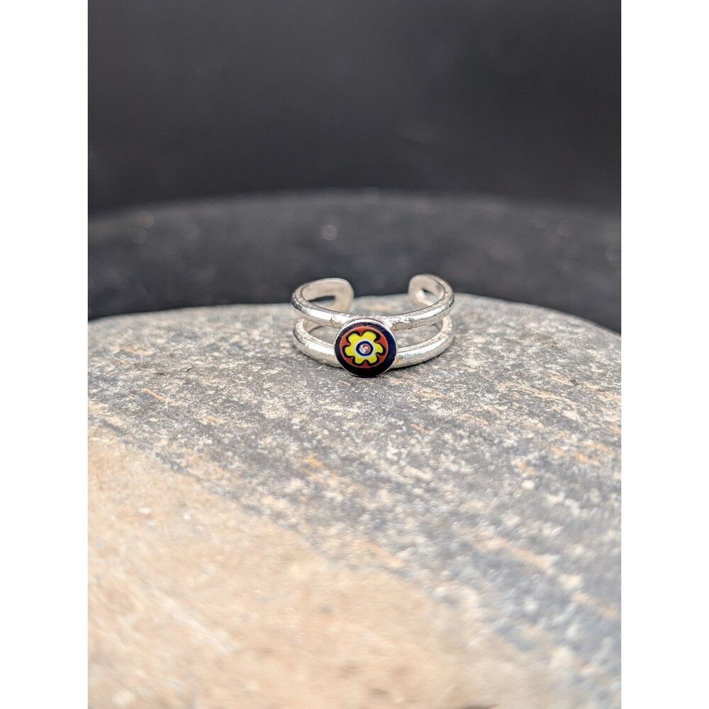 Sterling Silver 925 Toe Ring • Enamel Flower • Adjustable Band